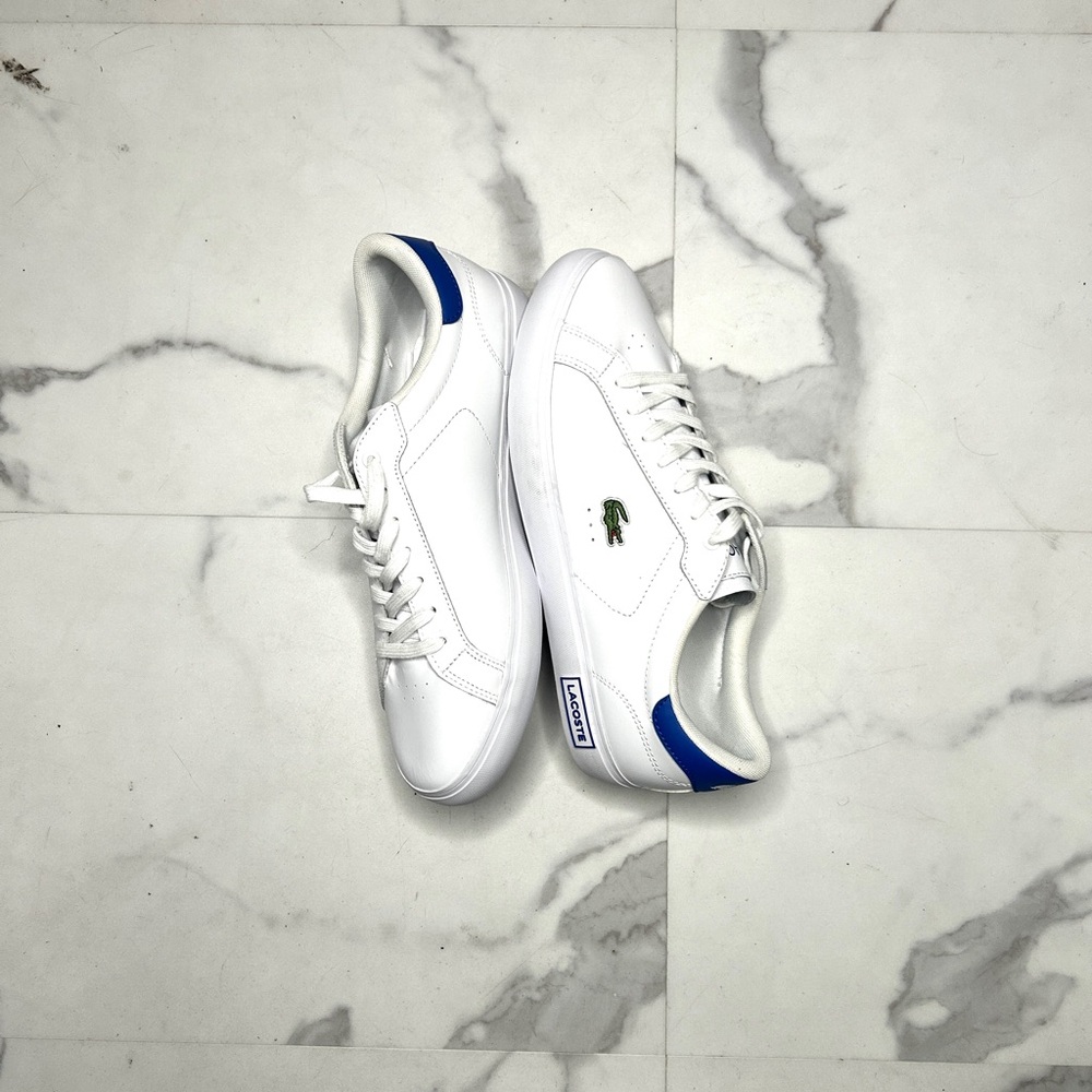 Lacoste-Men's Powercourt Leather Sneakers Men-White/Blue-size US 9.5
